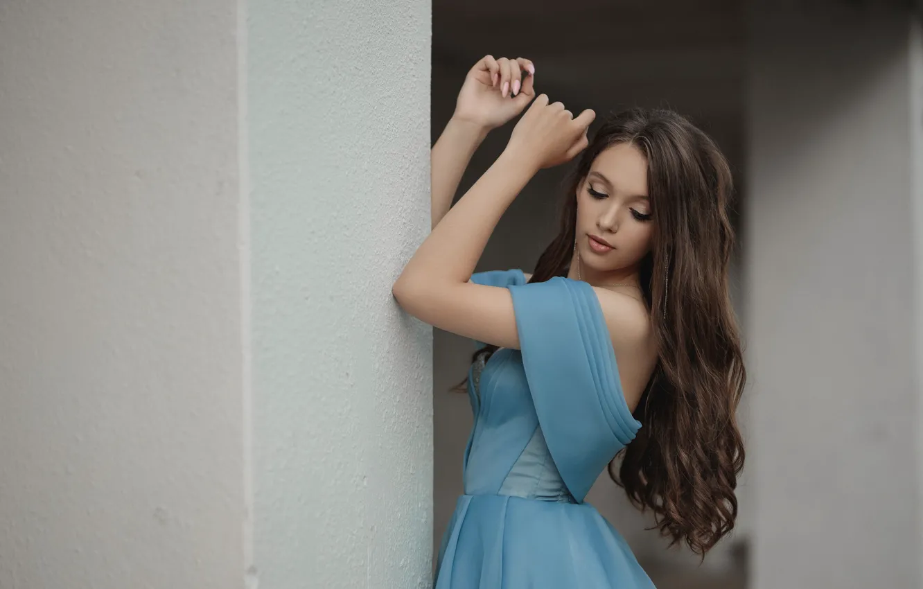 Photo wallpaper girl, pose, wall, hands, long hair, blue dress, Vladimir Vasiliev, Sofia Lapteva