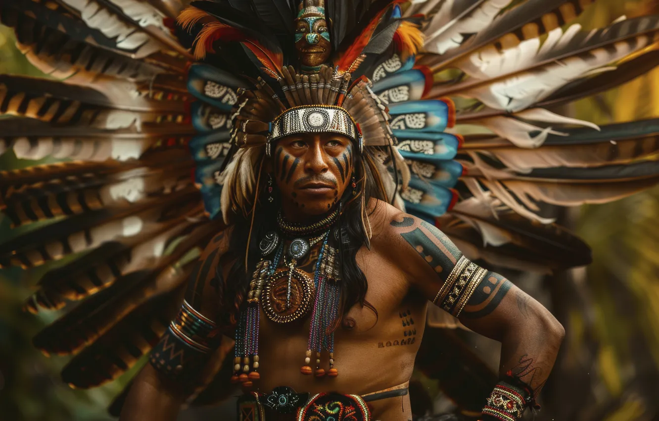 Photo wallpaper feathers, warrior, male, front, Indian, Miami, digital art, AI art