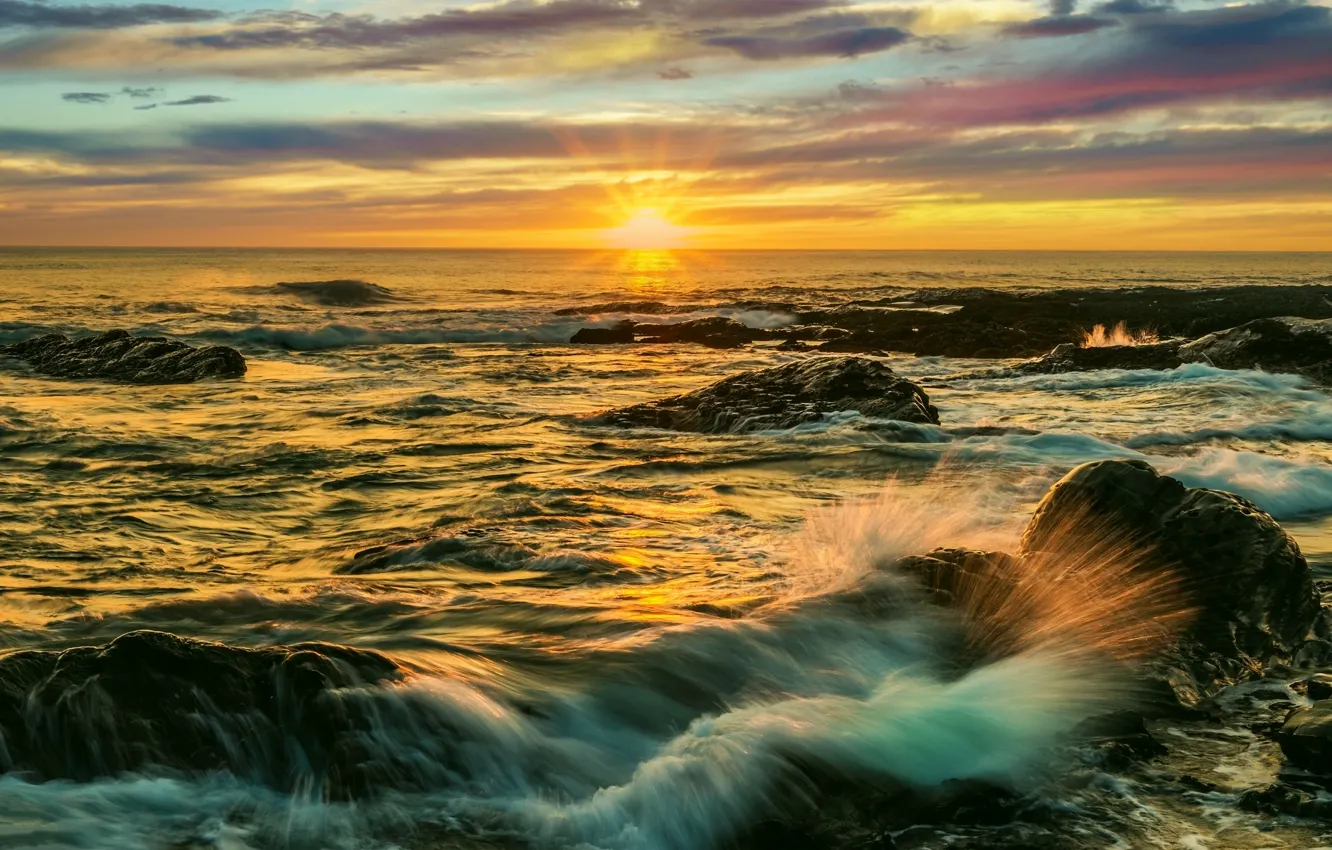 Photo wallpaper the sky, sunset, the ocean, shore, dawn