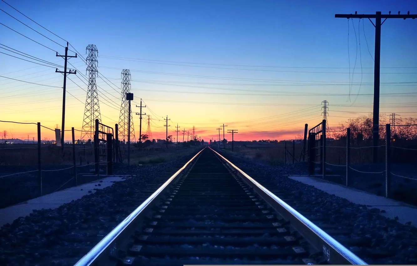 Photo wallpaper the sky, sunset, horizon, railroad, power line