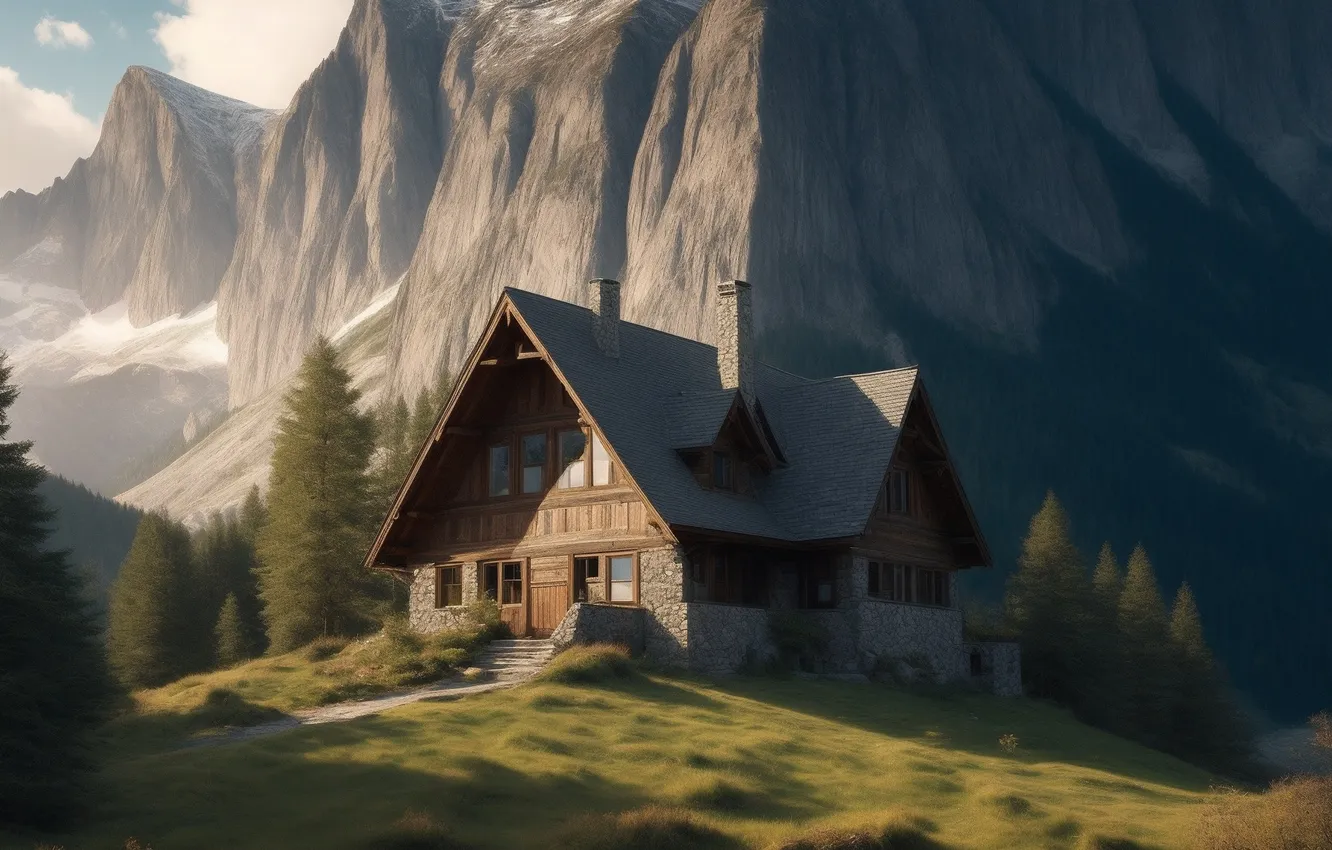 Photo wallpaper home, mountains, Wallpaper, stones, house in the mountains, wooden house, trees, house