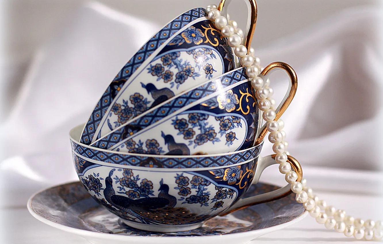 Photo wallpaper blue, mood, blue, morning, Cup, pearl, still life, porcelain