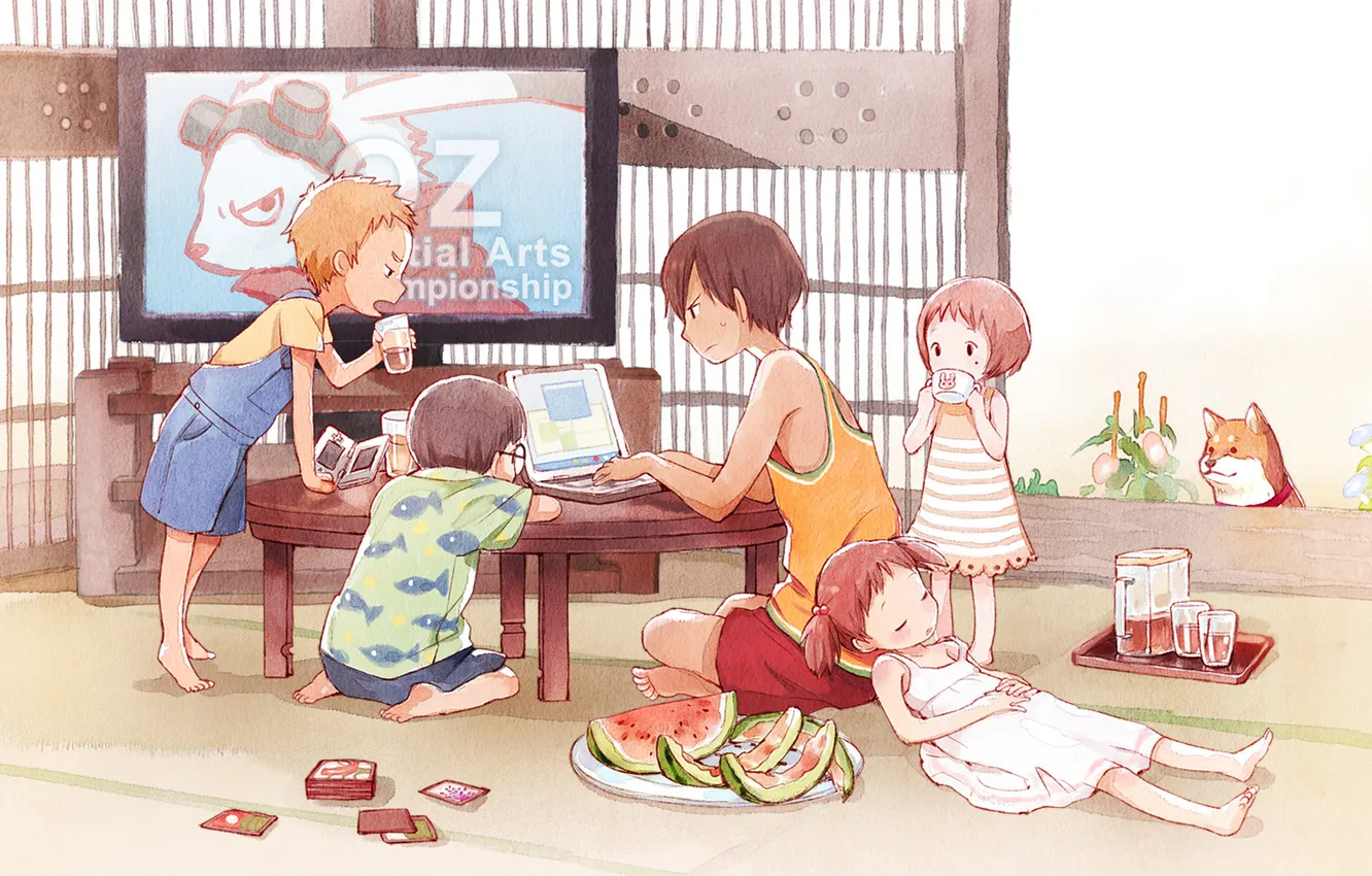 Photo wallpaper card, summer, children, watermelon, TV, laptop, dog, that