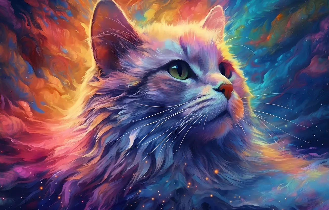 Wallpaper colorful, cat, animal, digital art for mobile and desktop ...