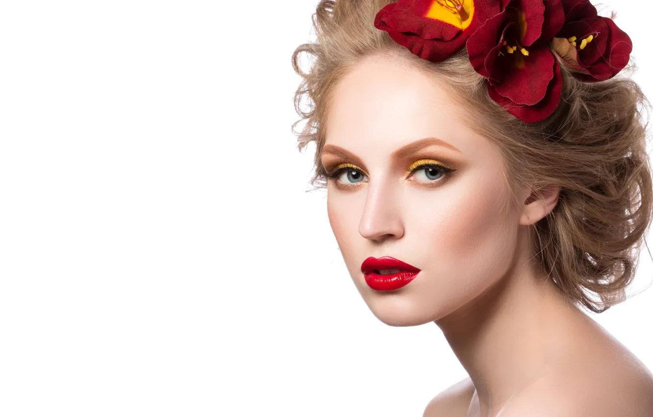 Photo wallpaper girl, flowers, eyelashes, background, model, hair, makeup, petals