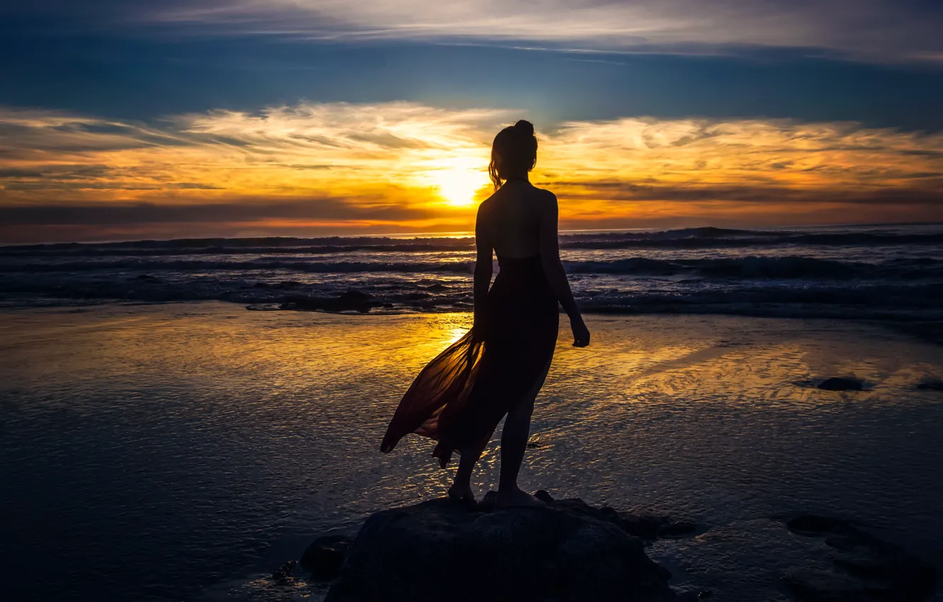 Photo wallpaper sea, the sky, girl, the sun, clouds, light, sunset, nature