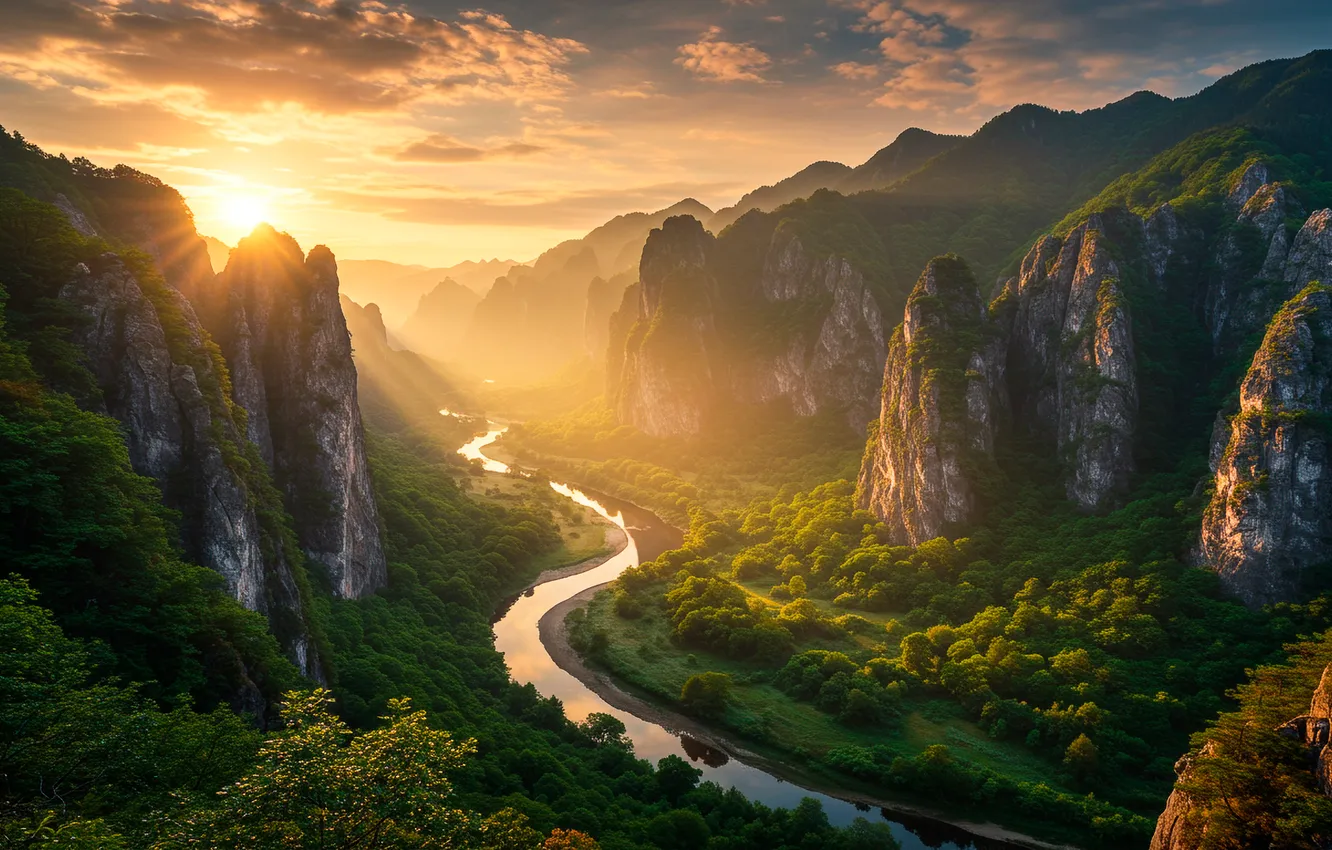 Photo wallpaper Valley, river, clouds, mountains, art, valley, Wallpaper, art