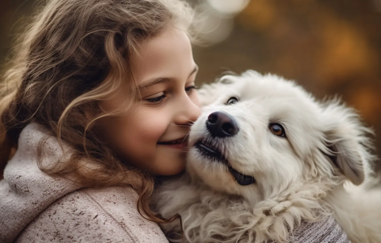 Photo wallpaper white, smile, each, portrait, dog, girl, teen, AI art