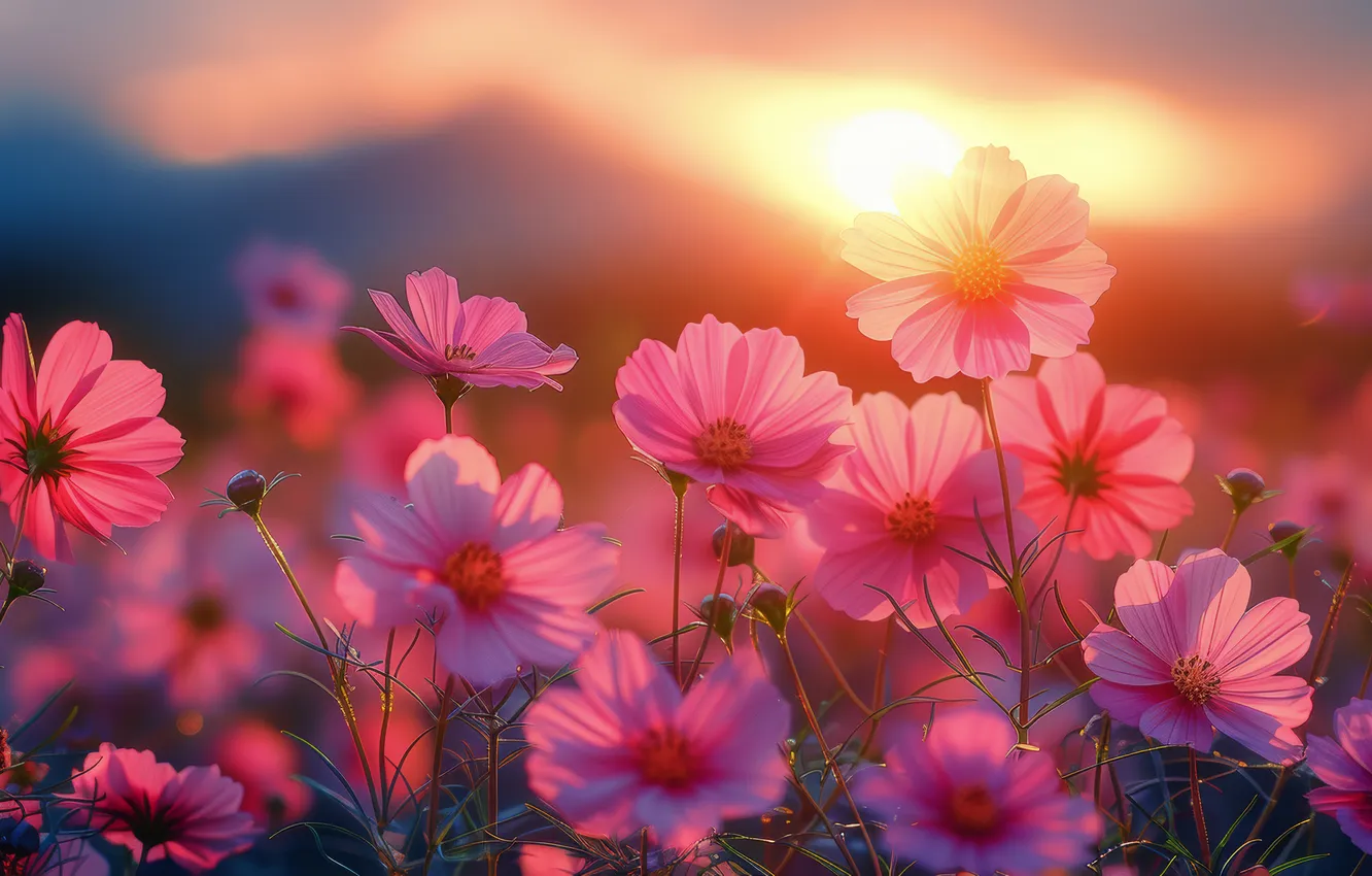 Photo wallpaper summer, light, flowers, mountains, morning, pink, bokeh, cosmos