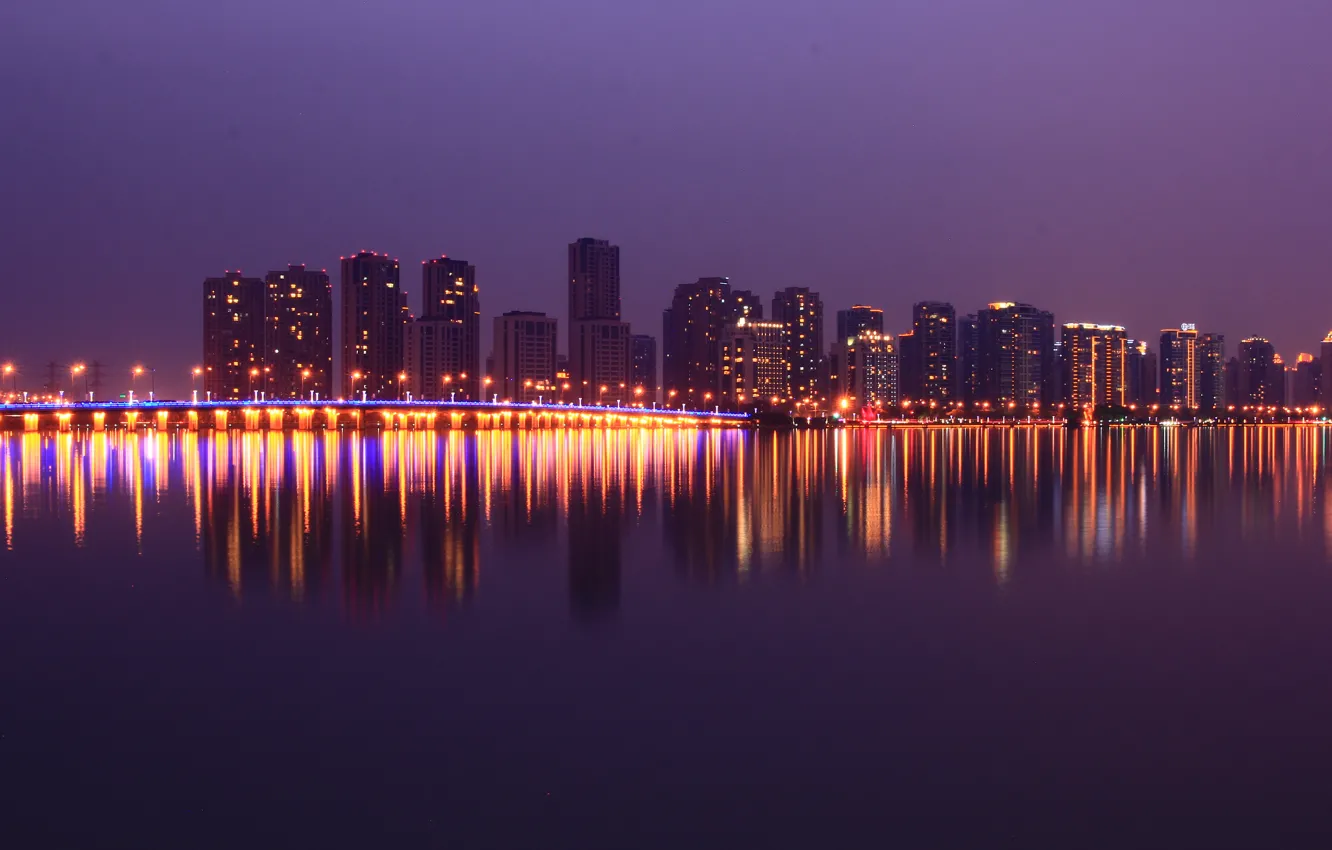 Photo wallpaper lights, China, Shanghai, skyline, bridge, water, night, colour