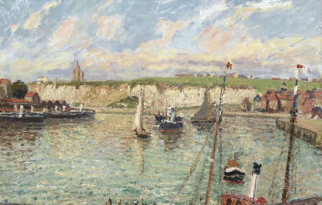 Photo wallpaper landscape, ship, picture, sail, Camille Pissarro, The Port Of Dieppe Sunny Afternoon