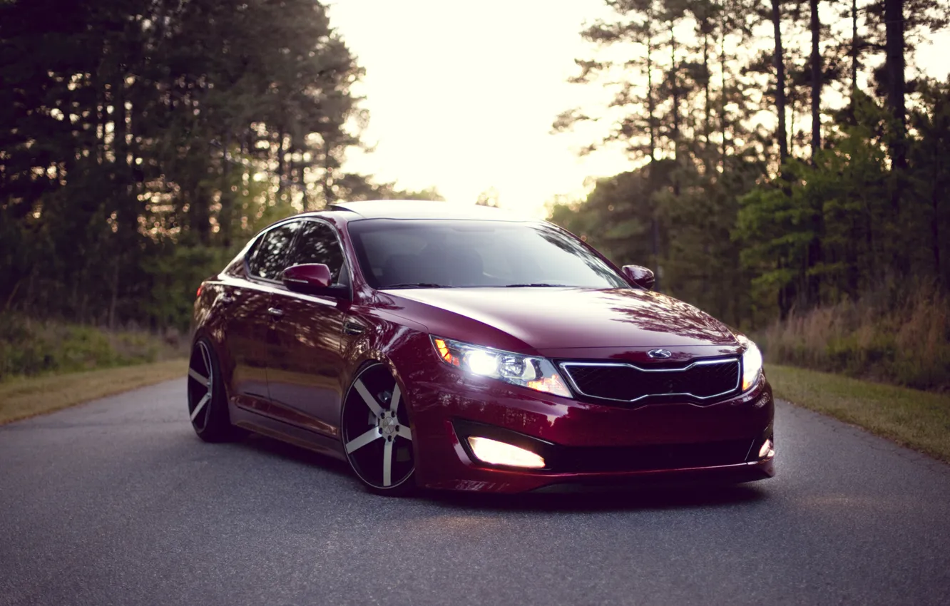 Photo wallpaper road, forest, road, wood, Kia, stance, clean, kia optima