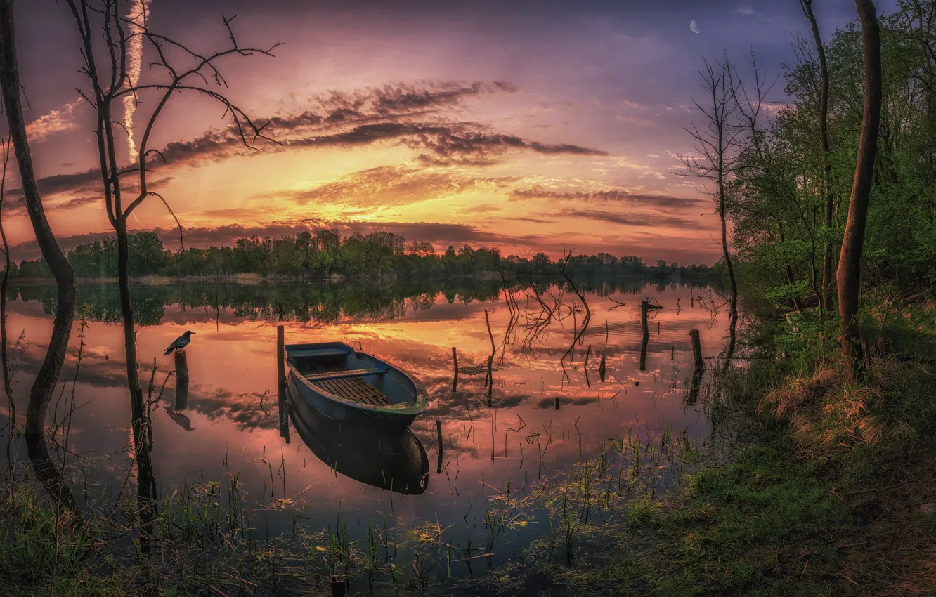 Photo wallpaper Sunset, Lake, Boat, Beauty