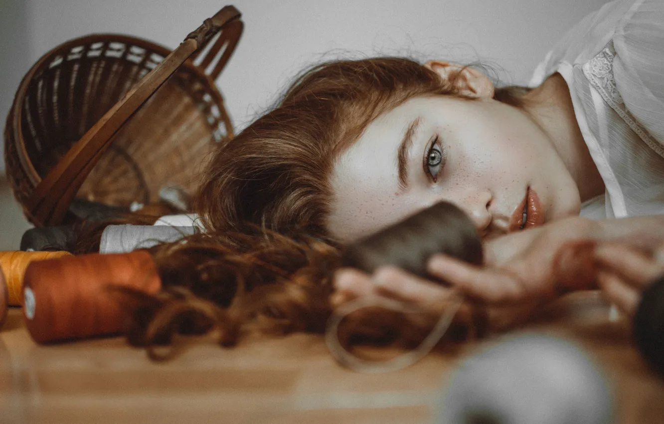 Photo wallpaper look, girl, face, mood, hair, freckles, red, thread