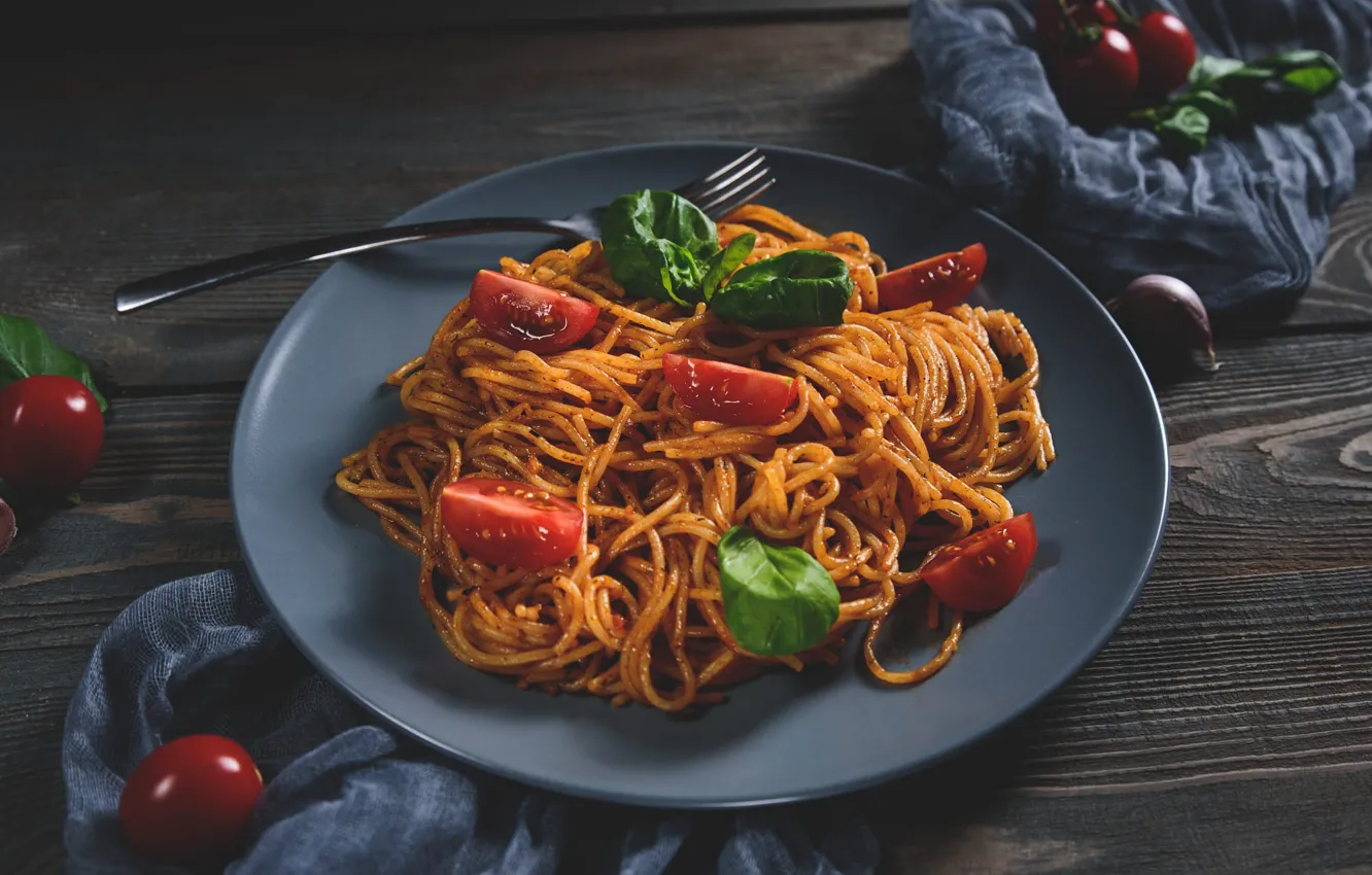 Photo wallpaper table, Board, plate, fabric, plug, vegetables, tomatoes, spaghetti