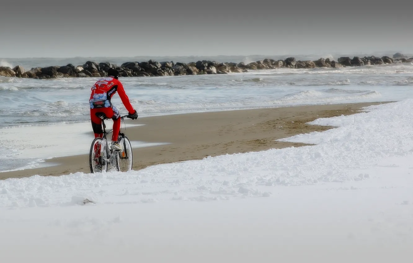 Photo wallpaper sea, snow, shore, athlete, cyclist