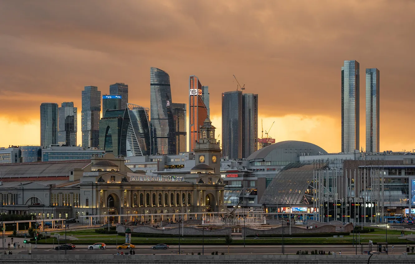 Photo wallpaper sunset, clouds, skyscrapers, the evening, Moscow, Sergey Serushkin