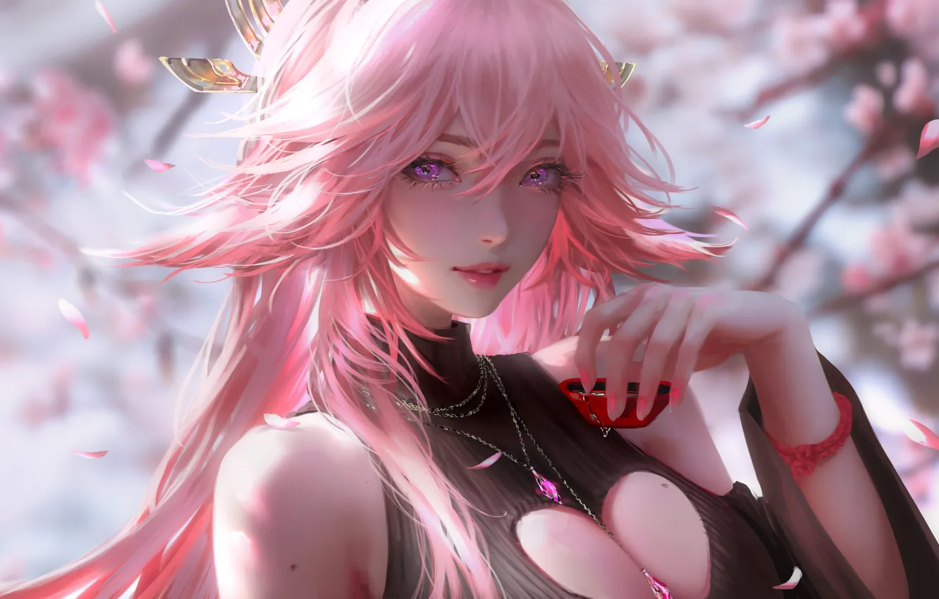 Photo wallpaper girl, Sakura, flowering, Genshin Impact, Yae Miko, NIXEU