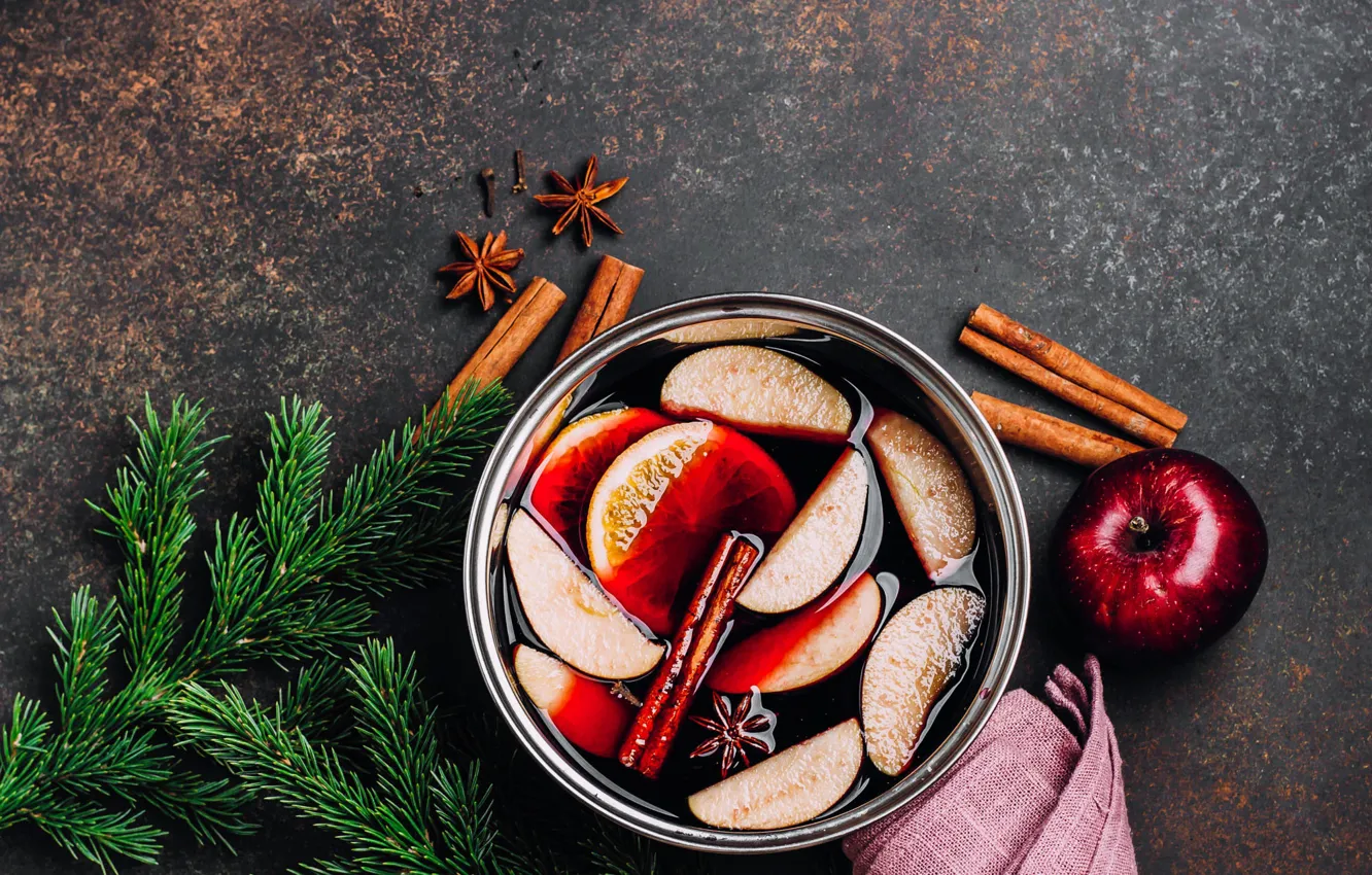 Photo wallpaper apples, new year, Christmas, pan, drink, needles, mulled wine