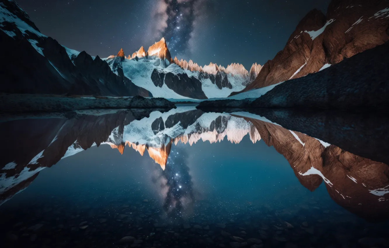 Photo wallpaper snow, landscape, mountains, night, nature, lake, reflection, rendering