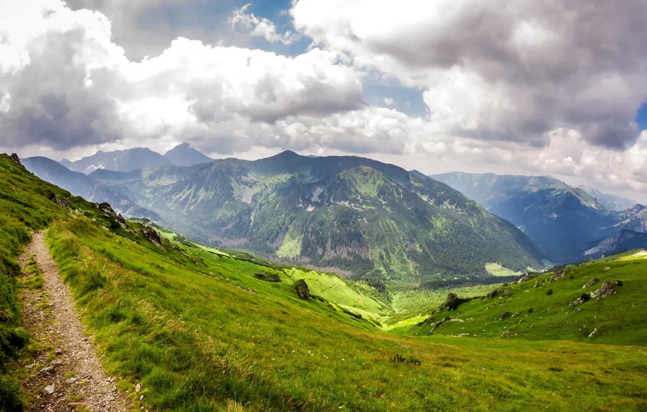 Photo wallpaper grass, clouds, mountains, stones, trail, slope, Poland, gorge