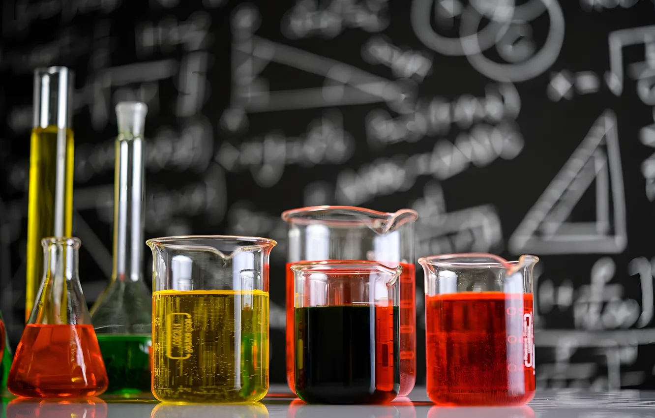 Photo wallpaper glass, bulb, chemistry, tubes, solution