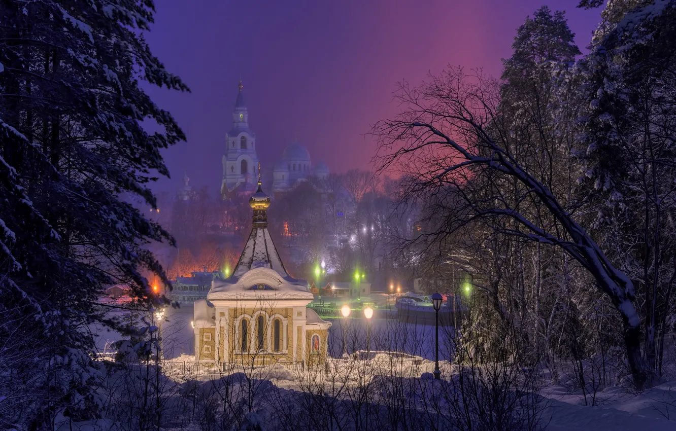 Photo wallpaper winter, snow, trees, nature, morning, lighting, Cathedral, chapel