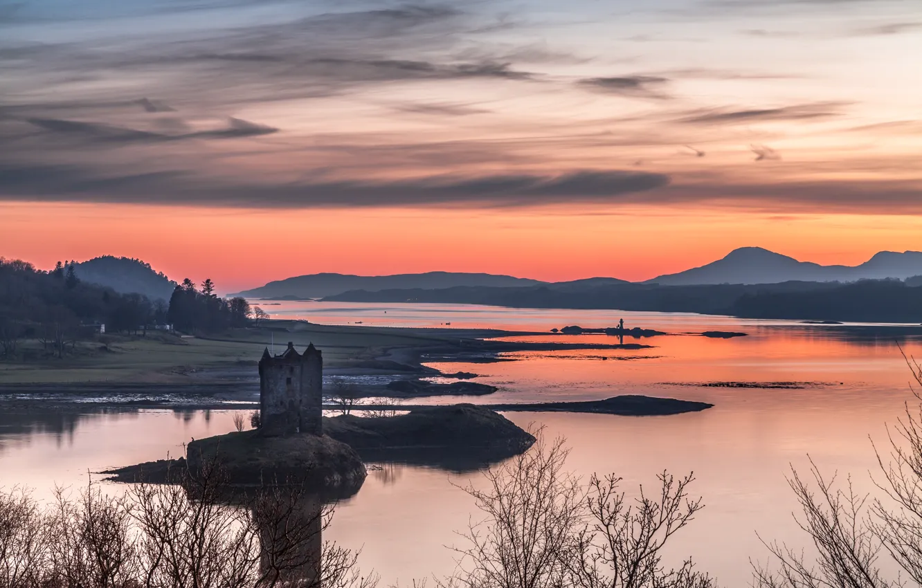 Photo wallpaper the sky, mountains, lake, tower, Scotland, panorama