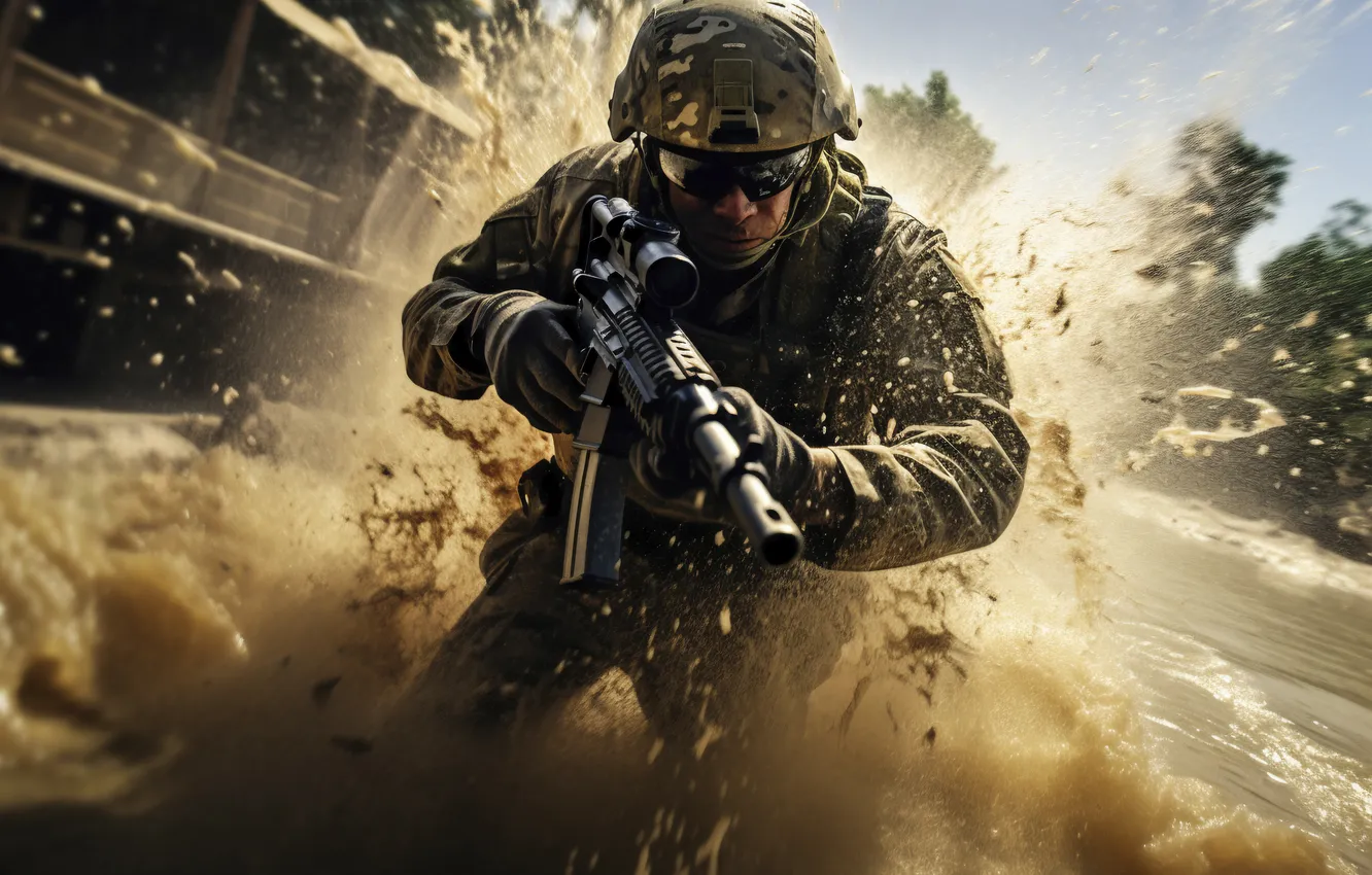 Photo wallpaper water, squirt, glasses, soldiers, machine, male, digital art, AI art