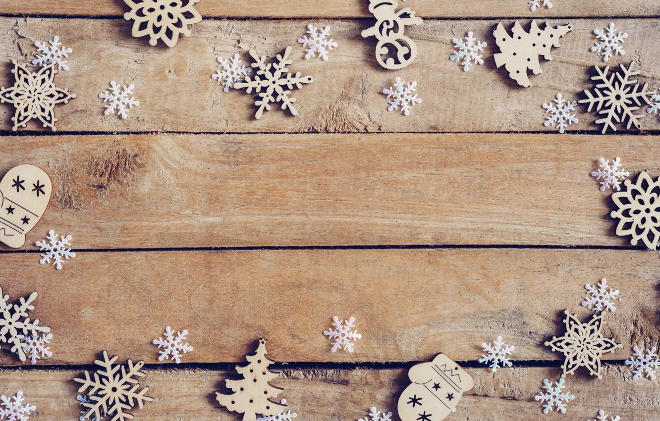 Photo wallpaper winter, trees, snowflakes, Board, new year, wood, winter, background