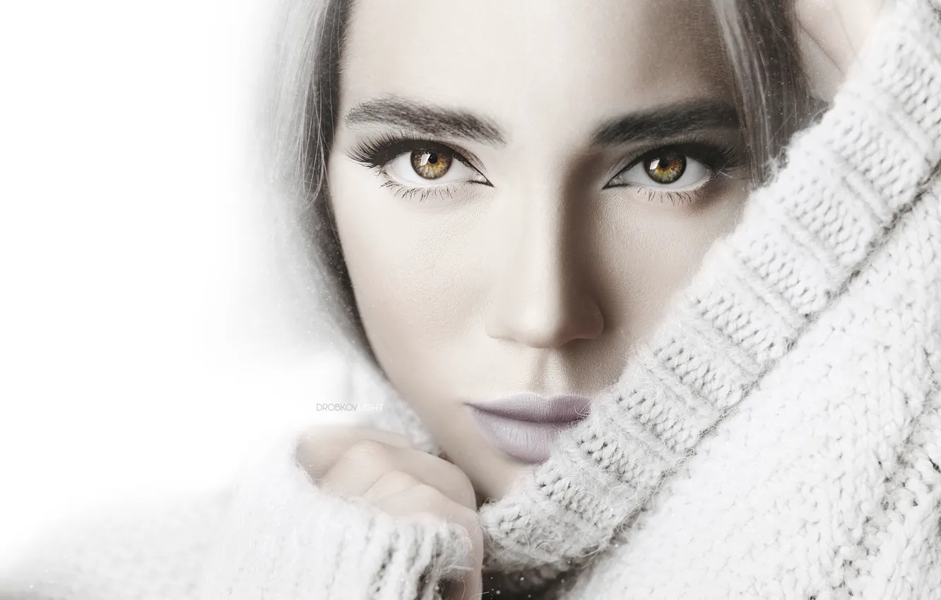 Photo wallpaper eyes, look, girl, face, portrait, white background, sweater, Alexander Drobkov-Light