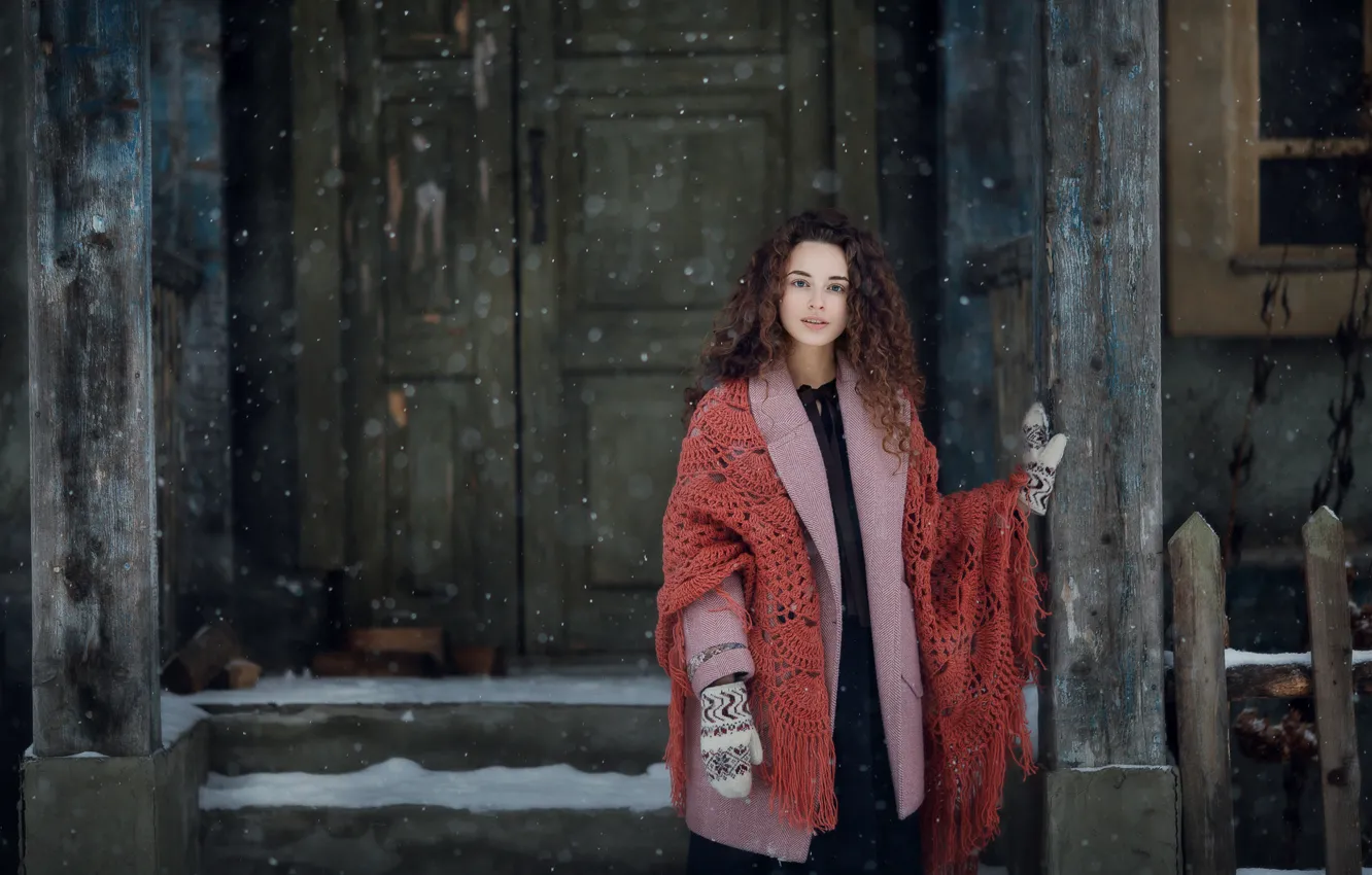 Photo wallpaper winter, look, girl, snow, pose, model, portrait, home