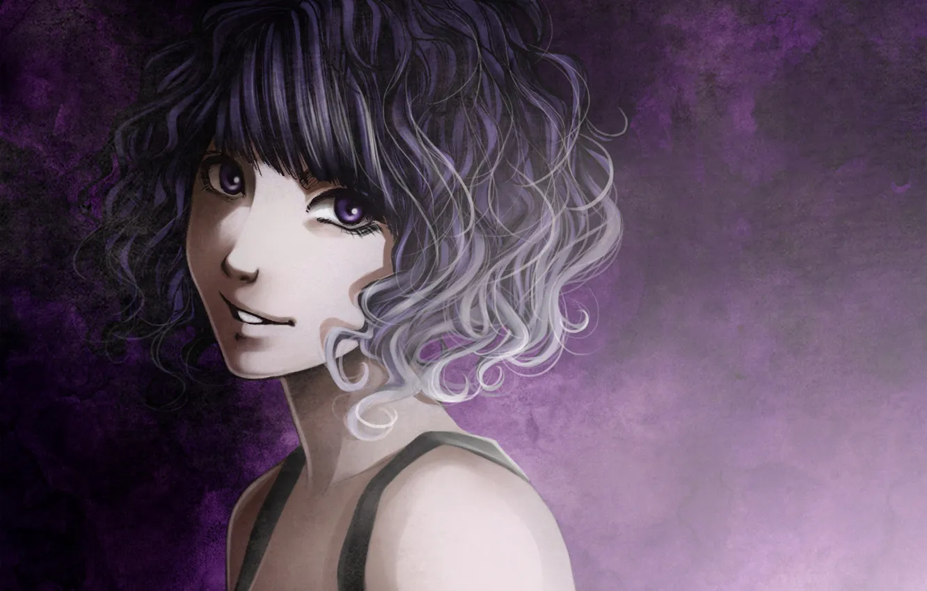 Photo wallpaper purple, girl, smile, background, art, curls, shilesque