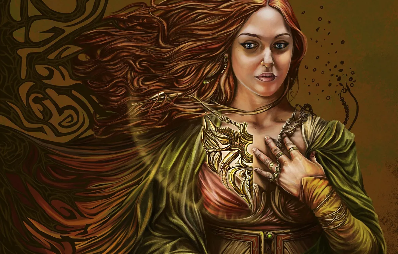 Photo wallpaper girl, decoration, the wind, hair, art, beads, cloak