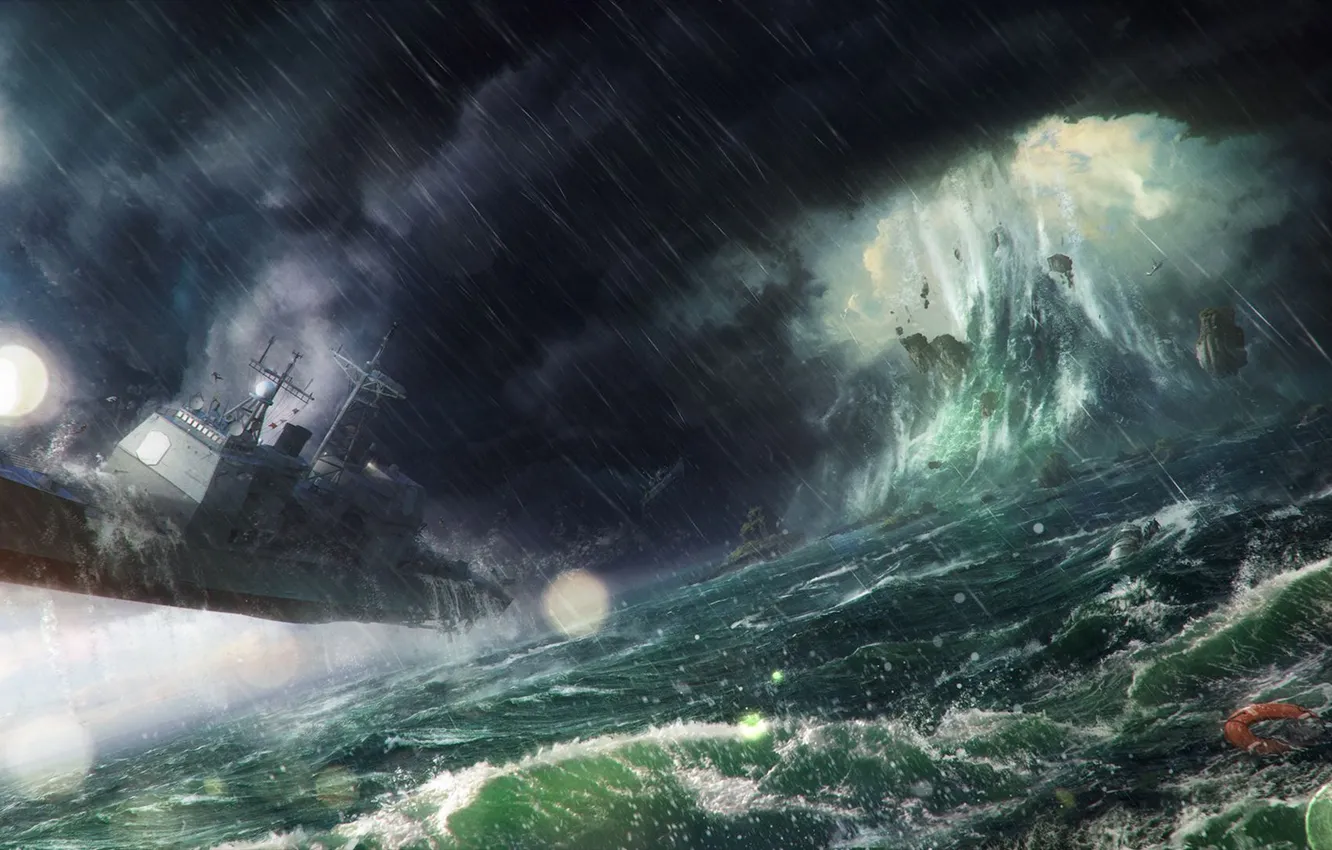 Photo wallpaper wave, storm, rocks, the crash, Ship