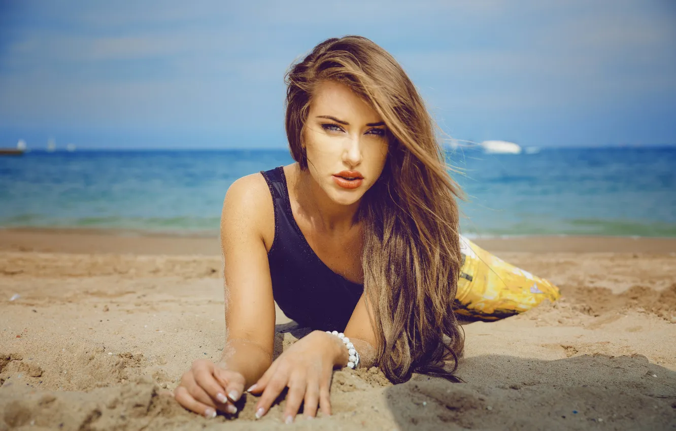Photo wallpaper sand, sea, beach, look, girl, brunette, Rosistsa