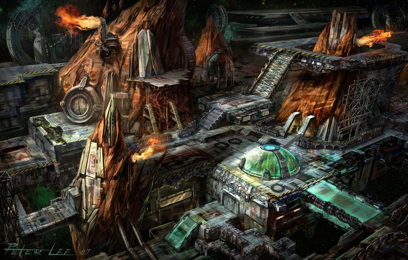 Photo wallpaper space, the city, rocks, fire, ship, station, Starcraft 2
