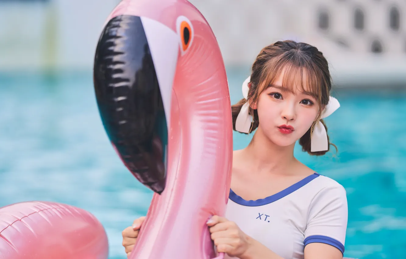 Photo wallpaper pool, woman, bird, water, beautiful, model, pretty, asian