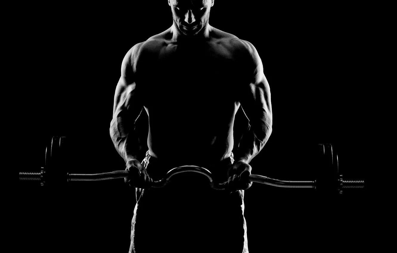 Photo wallpaper shadow, figure, iron, muscle, muscle, rod, background black, muscles