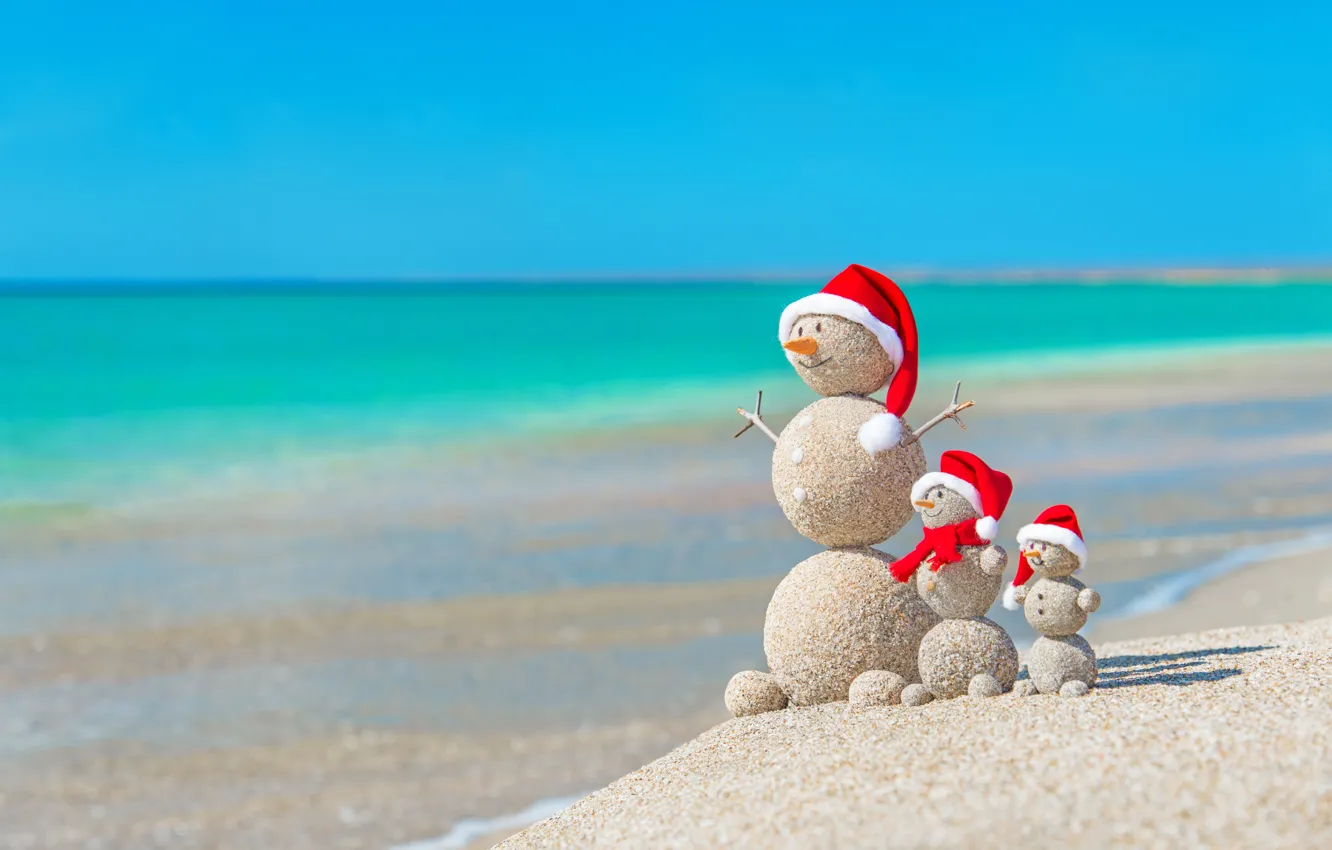 Photo wallpaper sand, sea, beach, New Year, Christmas, snowman, happy, Christmas