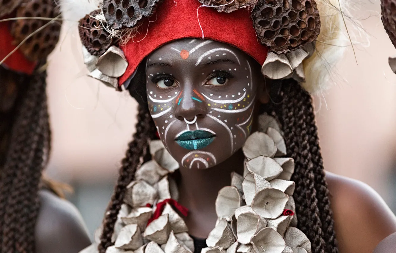 Photo wallpaper look, girl, face, style, portrait, makeup, fruit, costume