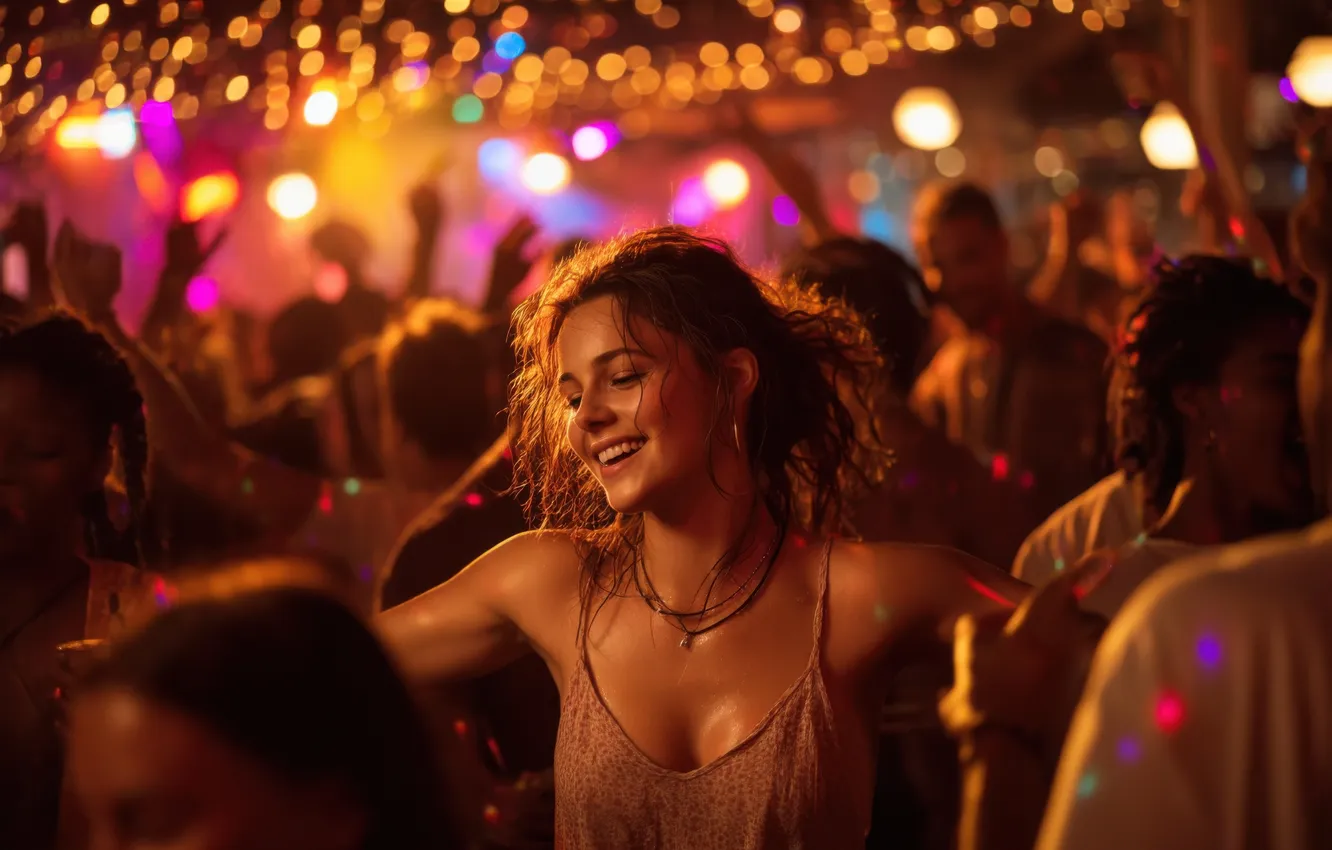 Photo wallpaper dance, people, neural network, Night Club, pose, AI art, disco, lights