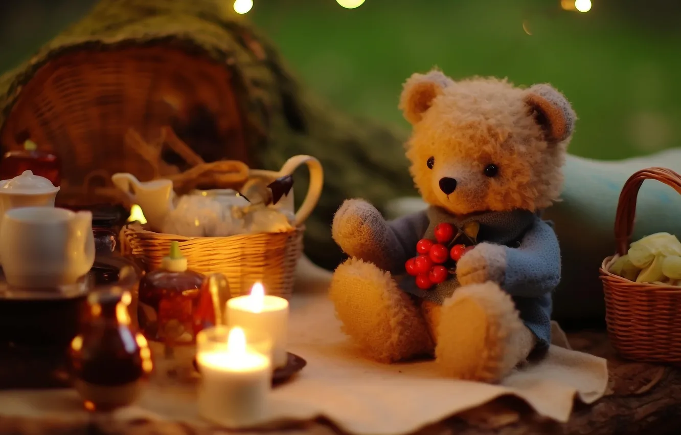 Photo wallpaper light, lights, berries, flame, tea, glade, toy, the evening