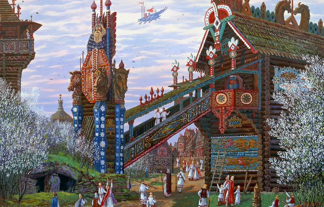 Photo wallpaper spring, painting, flowering, ancient, Vsevolod Ivanov, Slavic, wooden architecture, strange