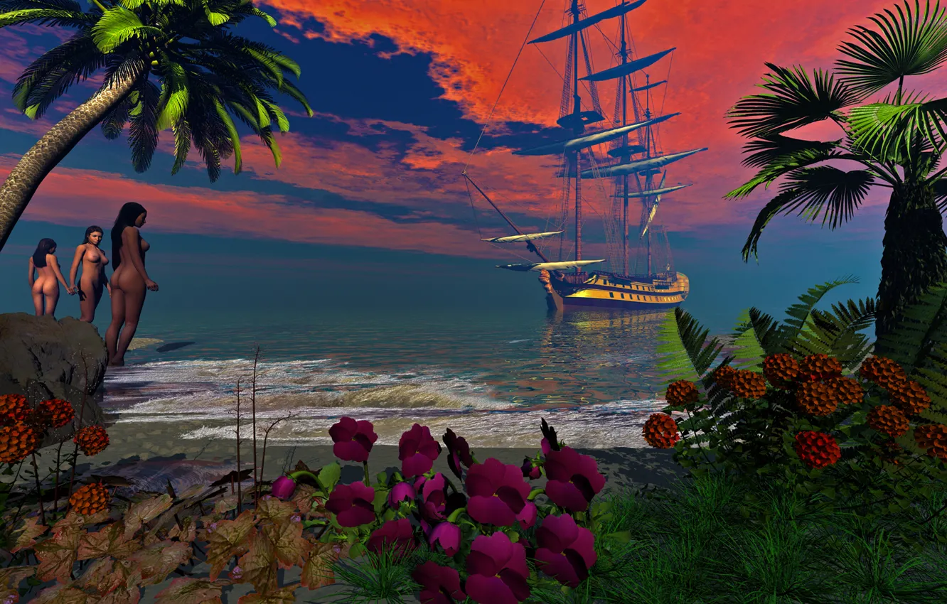 Photo wallpaper sand, sea, wave, the sky, water, flowers, clouds, stones