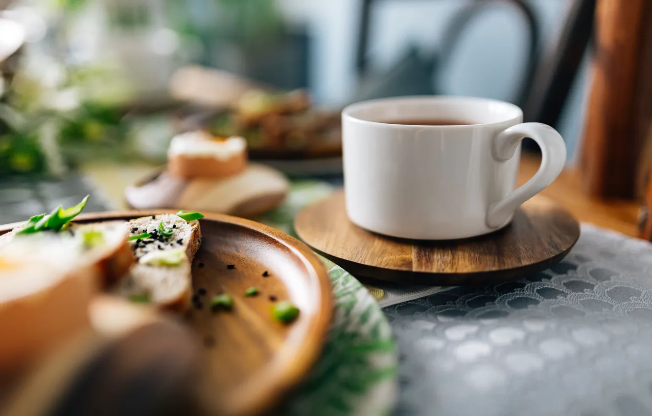 Photo wallpaper greens, table, tea, Breakfast, bow, plate, bread, kitchen