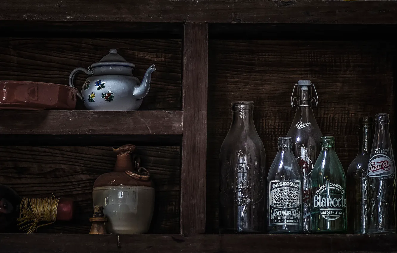 Photo wallpaper bottle, kettle, shelf, still life, utensils
