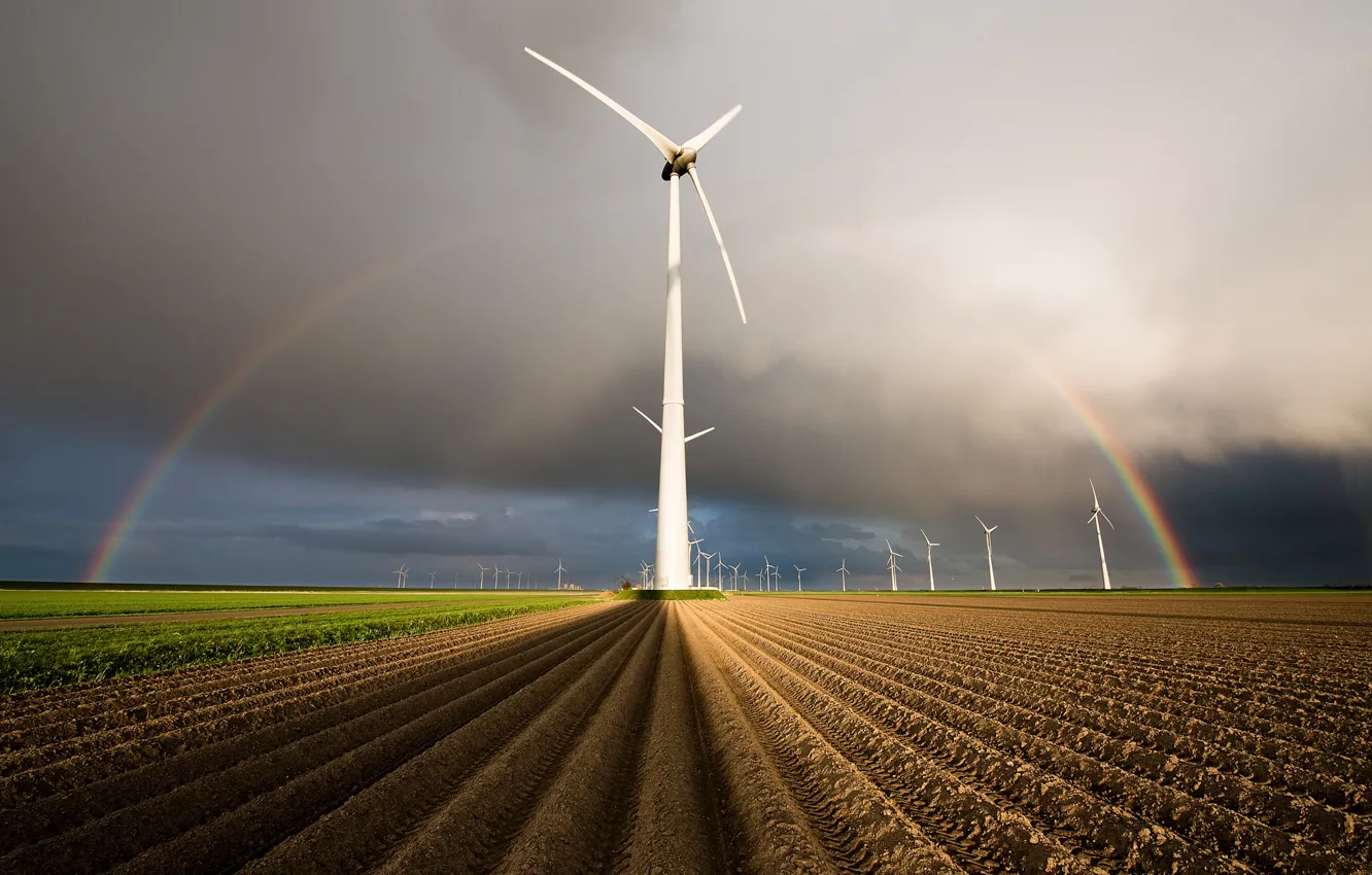 Photo wallpaper field, rainbow, Netherlands, Holland, wind generators