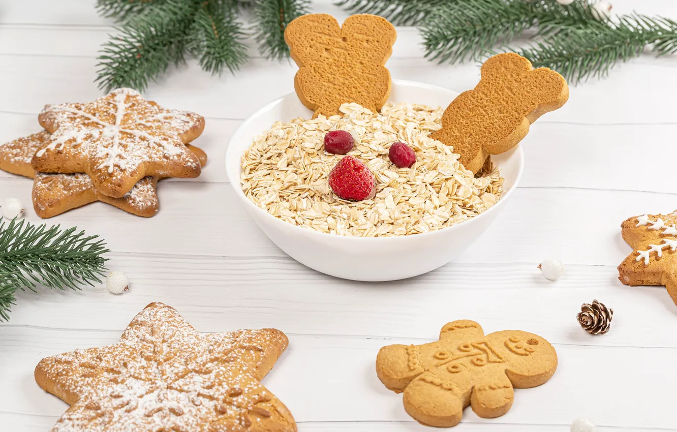 Photo wallpaper branches, tree, new year, cookies, plate, Christmas, cakes, New Year