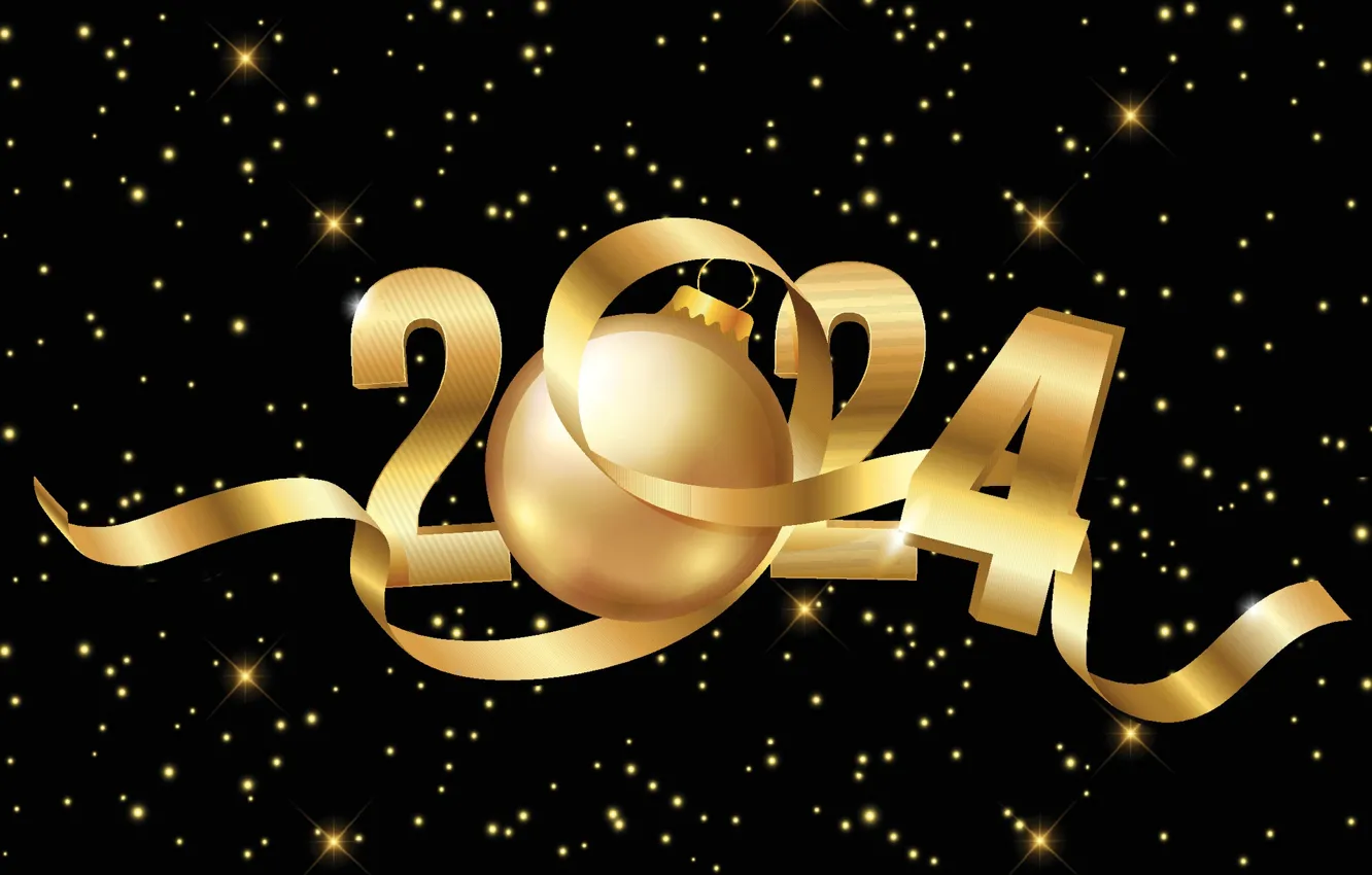 Photo wallpaper balls, Christmas, figures, date, tape, lights, New Year 2024, gold